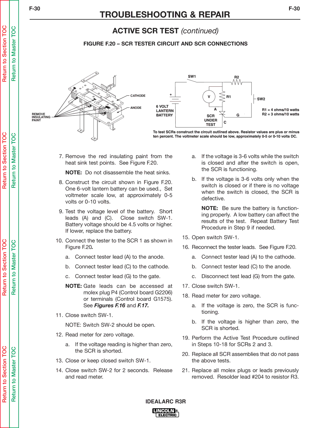 Lincoln Electric R3R-300, R3R-500 service manual Active SCR Test, Figure F.20 SCR Tester Circuit and SCR Connections 