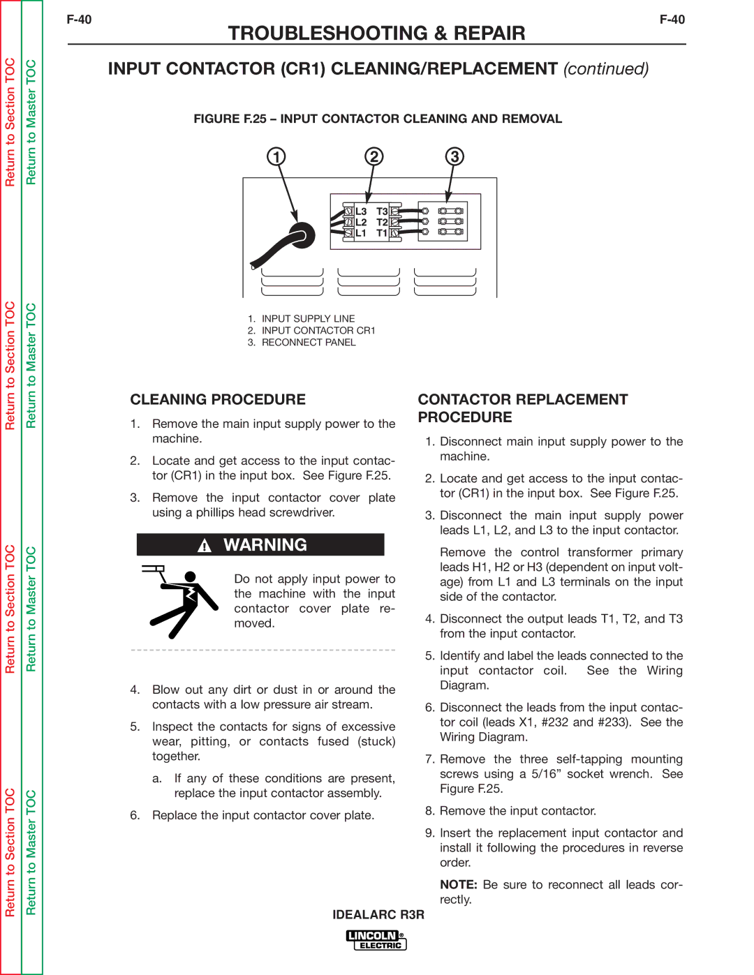 Lincoln Electric R3R-300 Input Contactor CR1 CLEANING/REPLACEMENT, Cleaning Procedure, Contactor Replacement Procedure 
