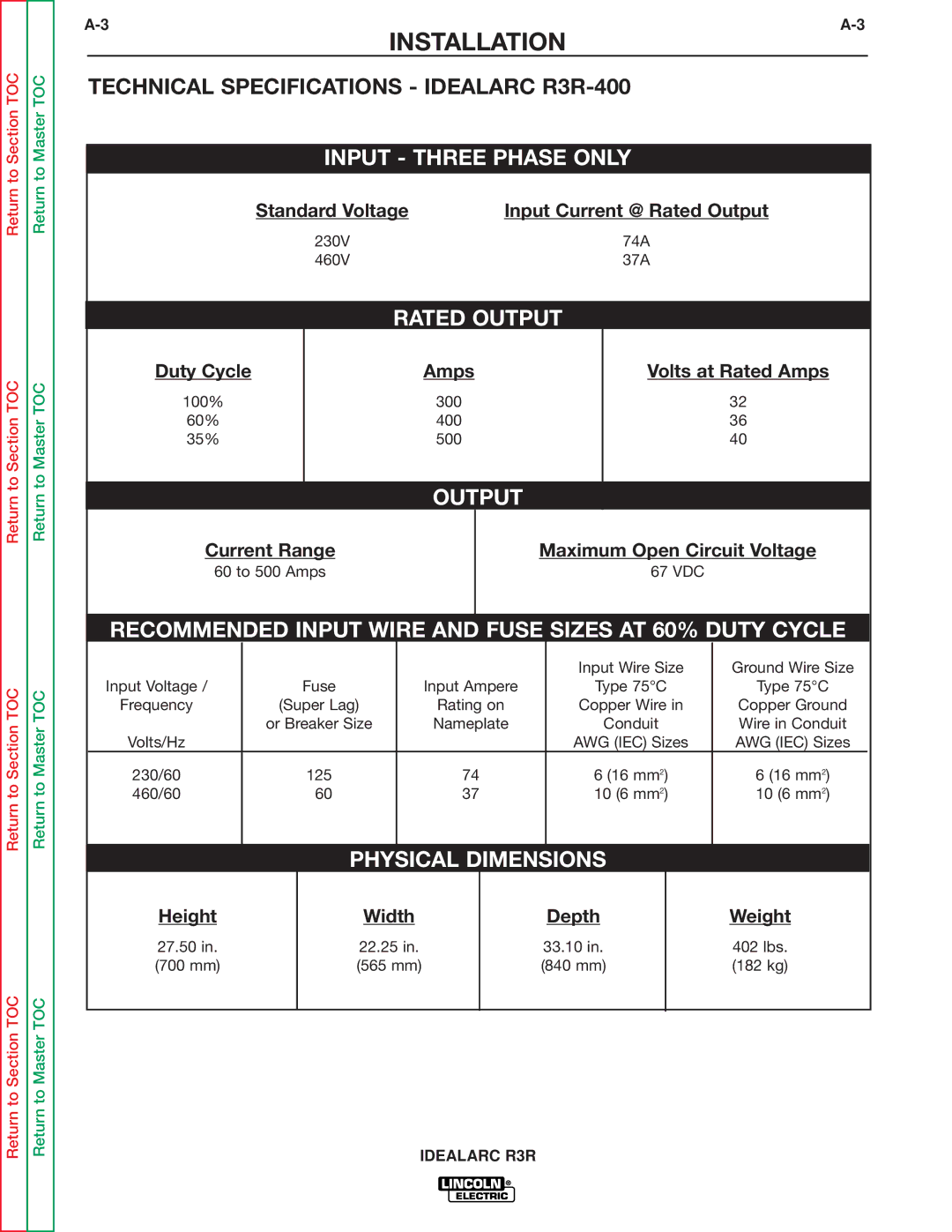 Lincoln Electric R3R-500, R3R-300 service manual Technical Specifications Idealarc R3R-400 