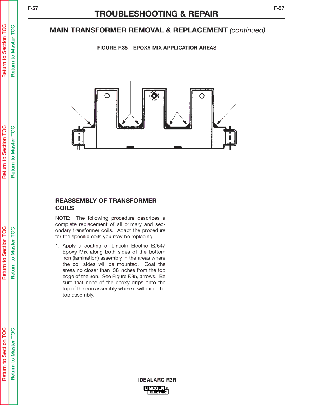 Lincoln Electric R3R-500, R3R-300 service manual Reassembly of Transformer Coils, Figure F.35 Epoxy MIX Application Areas 