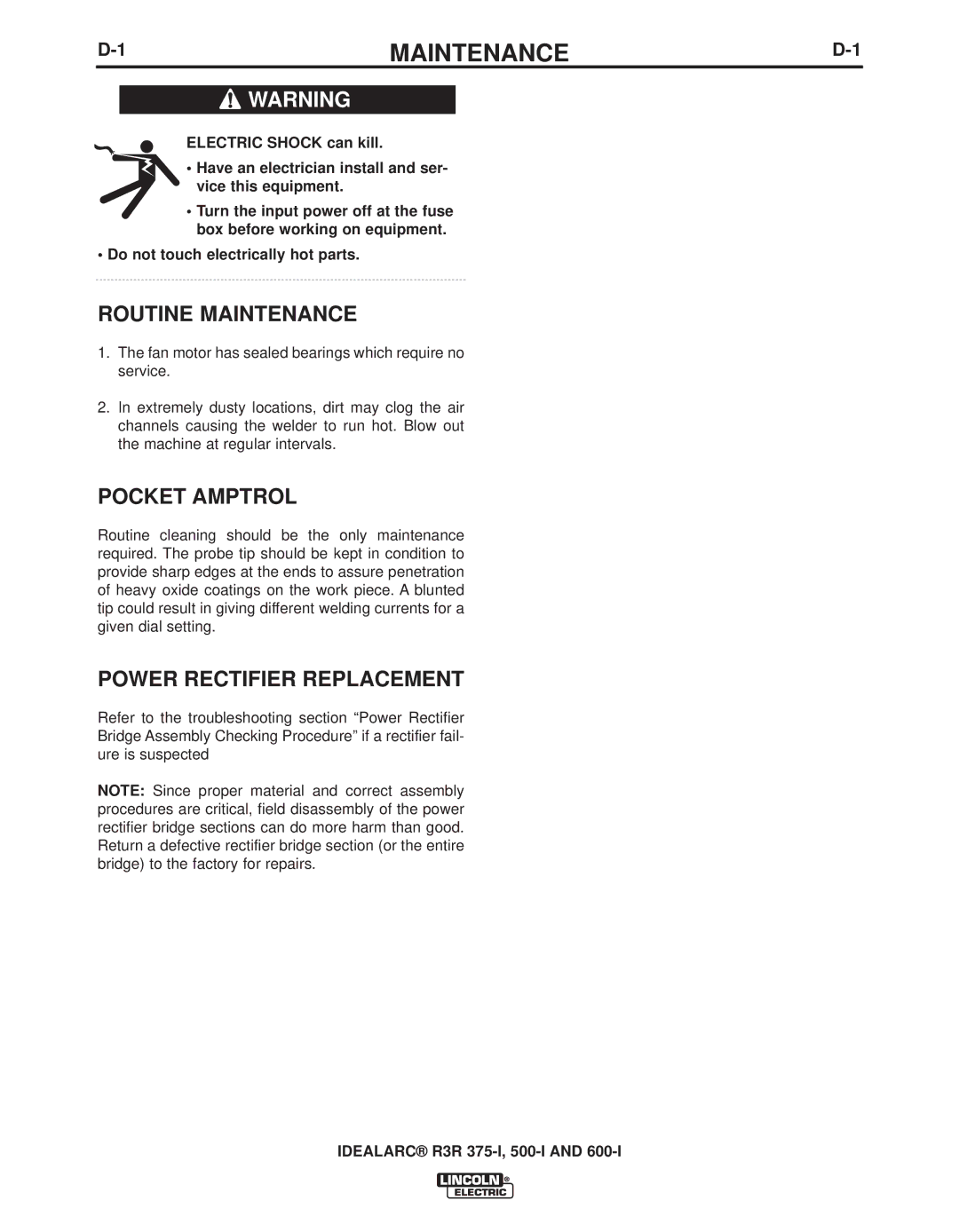 Lincoln Electric R3R 375-I, R3R 500-I manual Routine Maintenance, Pocket Amptrol, Power Rectifier Replacement 