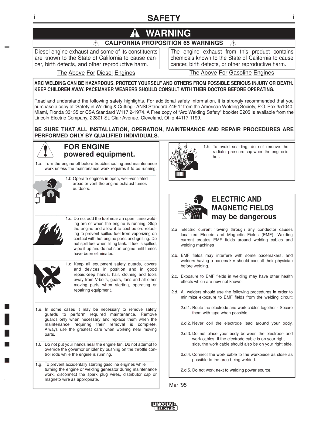 Lincoln Electric R3R 375-I, R3R 500-I manual Safety, California Proposition 65 Warnings 