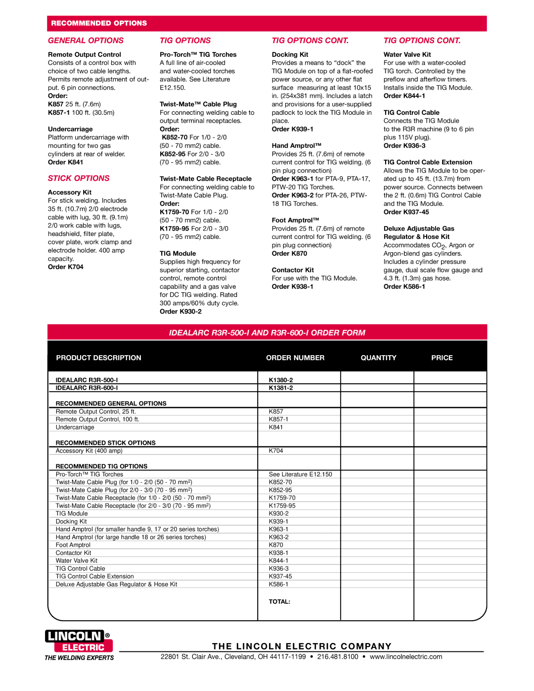 Lincoln Electric R3R-500-I, 600-I technical specifications General Options, Stick Options, TIG Options 