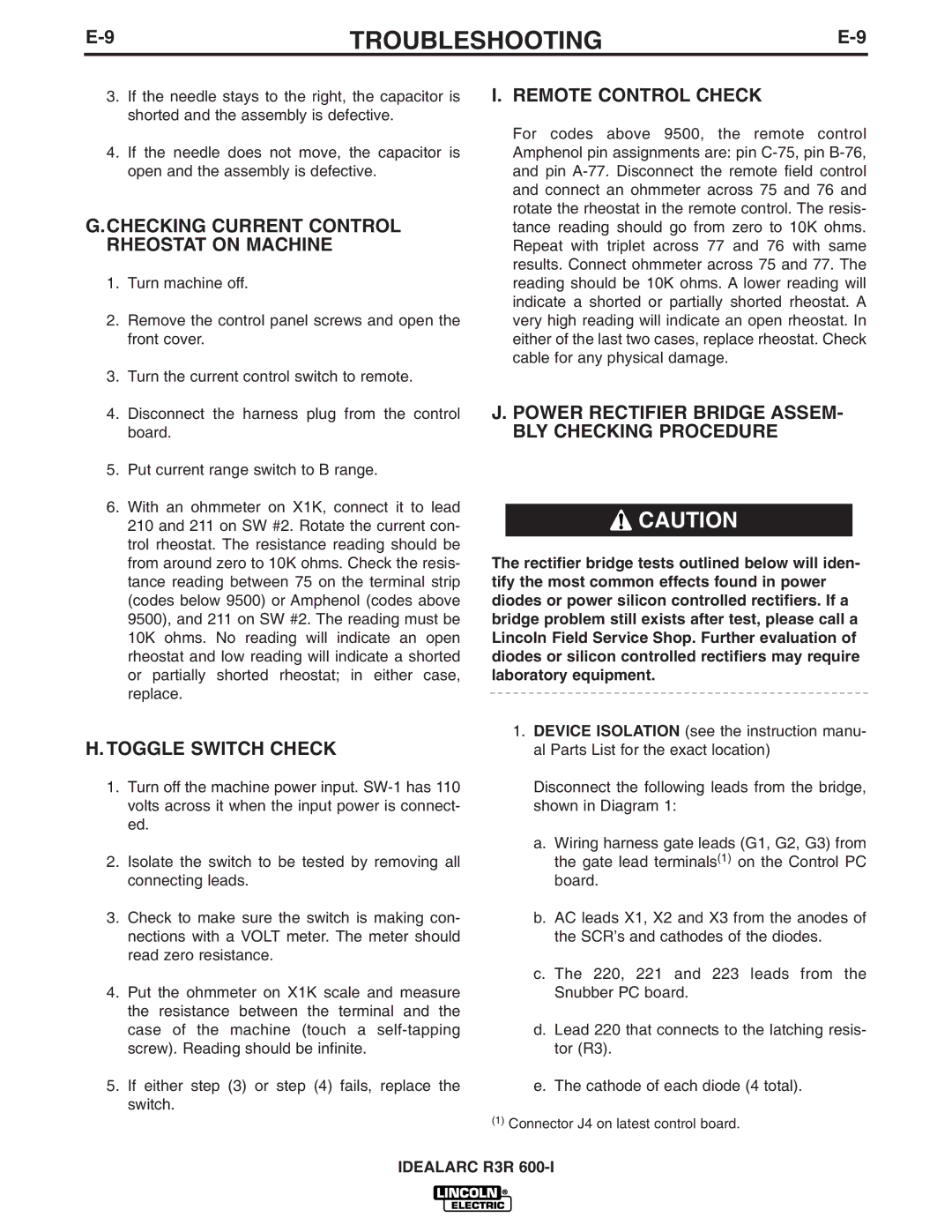 Lincoln Electric R3R 600-I manual Checking Current Control Rheostat on Machine 