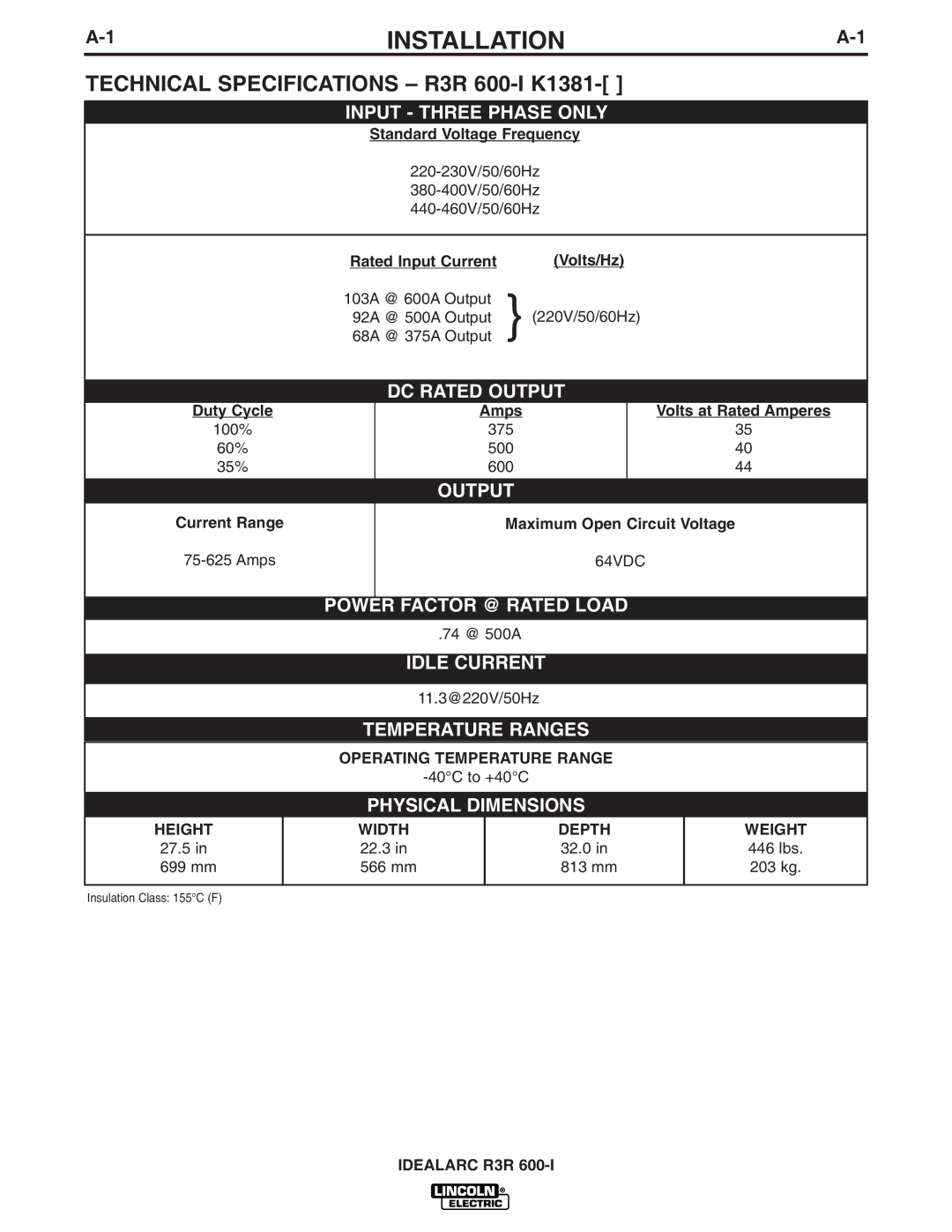 Lincoln Electric manual Installation, Technical Specifications R3R 600-I K1381 