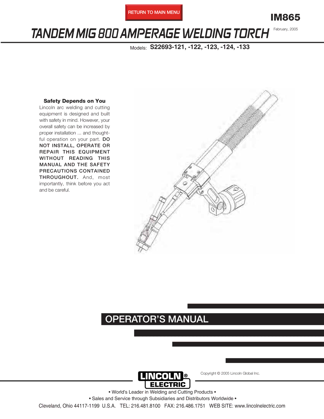 Lincoln Electric S22693-121 manual Tandem MIG 800 Amperage Welding Torch February 