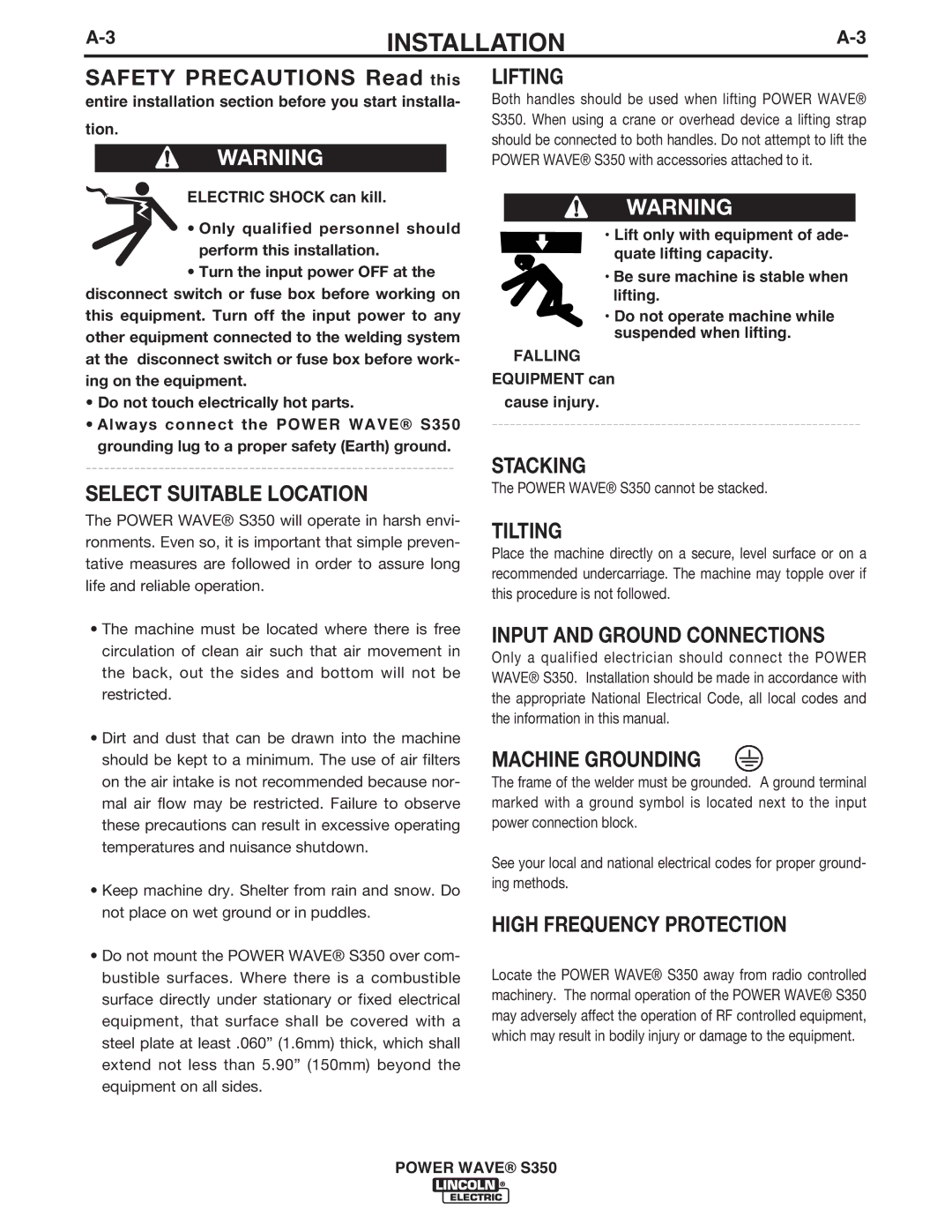 Lincoln Electric S350 manual Falling, Equipment can Cause injury 