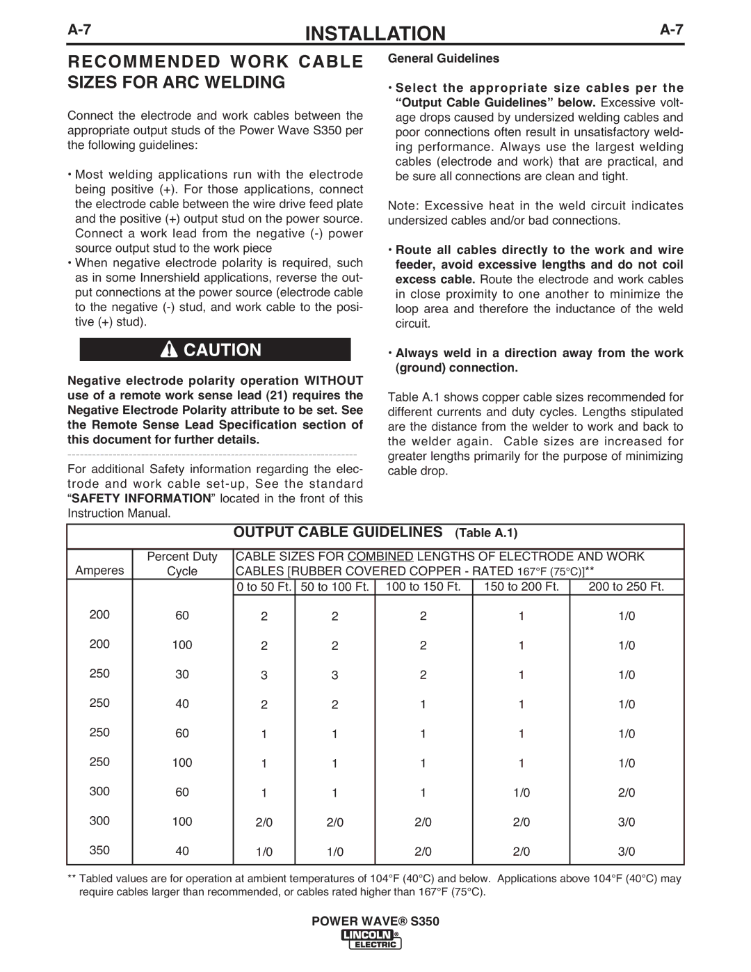 Lincoln Electric S350 manual Recommended Work Cable Sizes for ARC Welding, Output Cable Guidelines Table A.1 