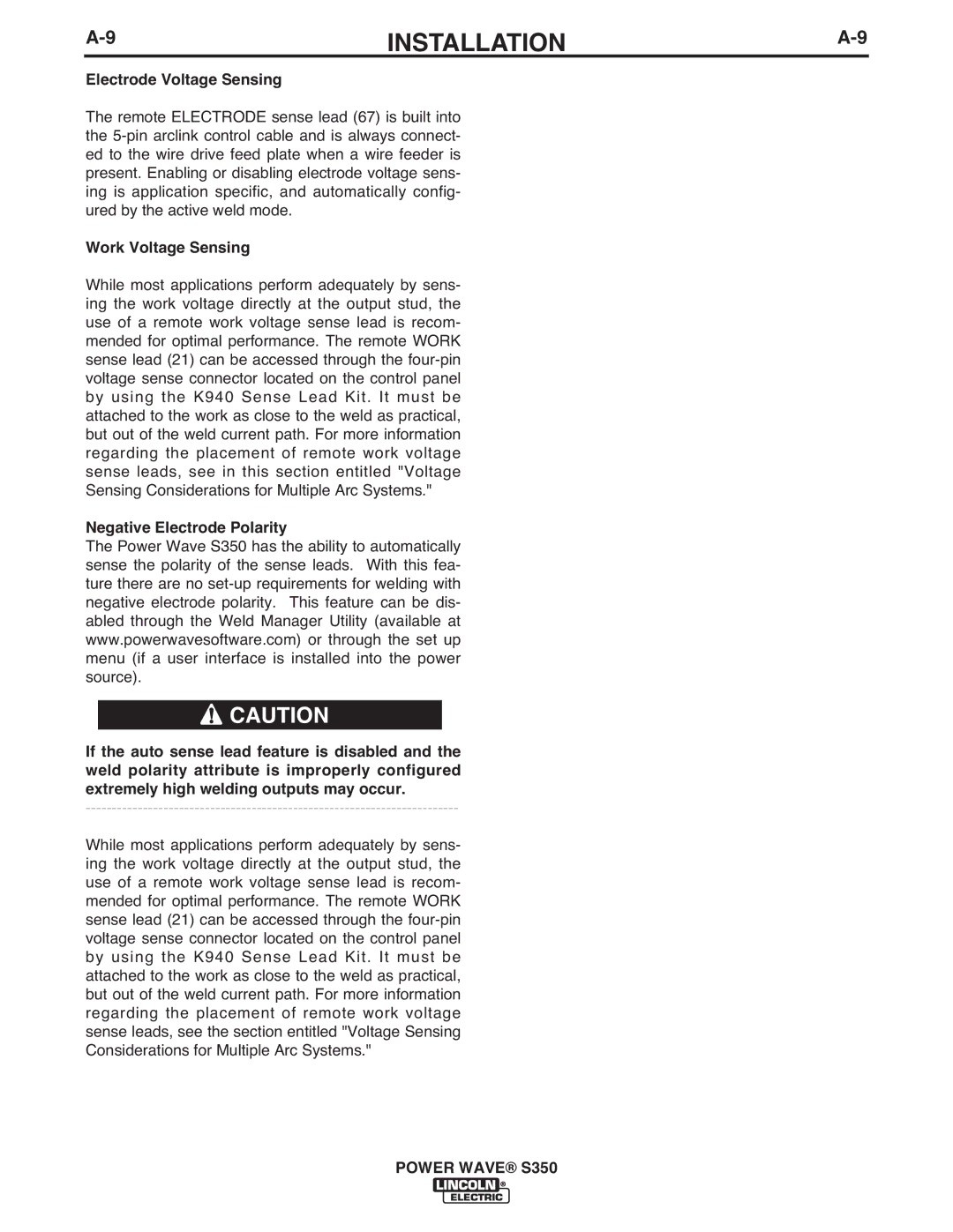 Lincoln Electric S350 manual Electrode Voltage Sensing, Work Voltage Sensing 