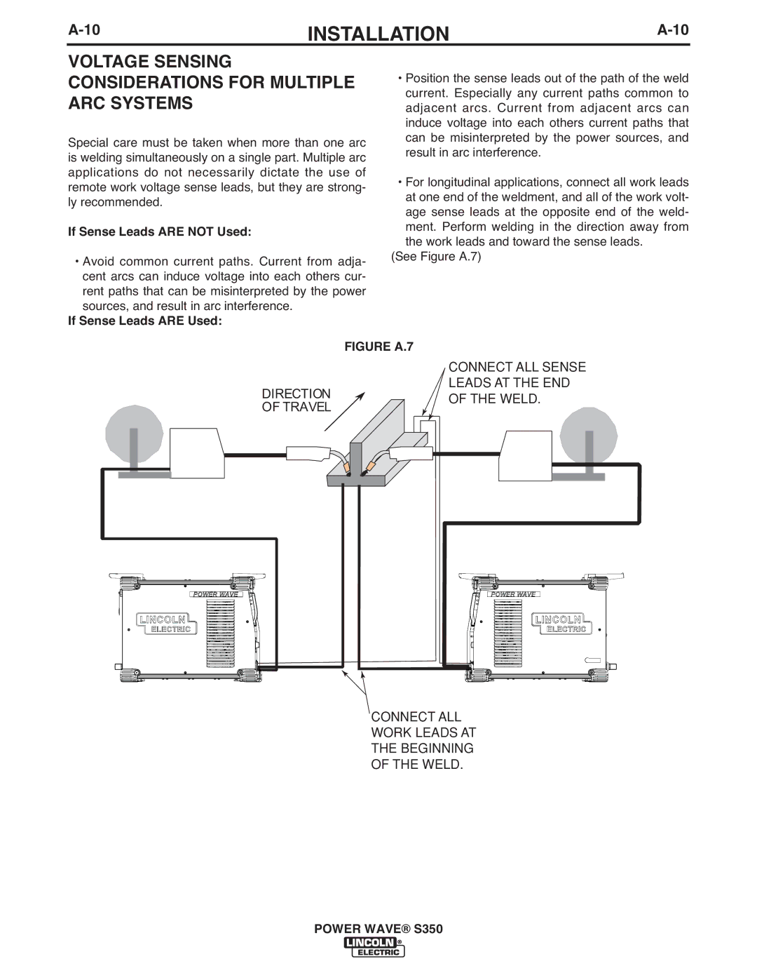 Lincoln Electric S350 manual Voltage Sensing Considerations for Multiple ARC Systems, If Sense Leads are not Used 