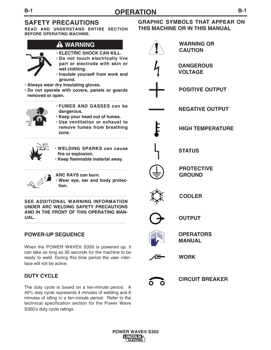 Lincoln Electric S350 manual Operation, Safety Precautions, Electric Shock can Kill 