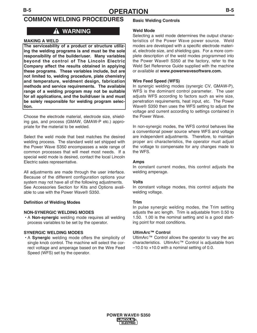 Lincoln Electric S350 manual Common Welding Procedures, Making a Weld, NON-SYNERGIC Welding Modes, Synergic Welding Modes 