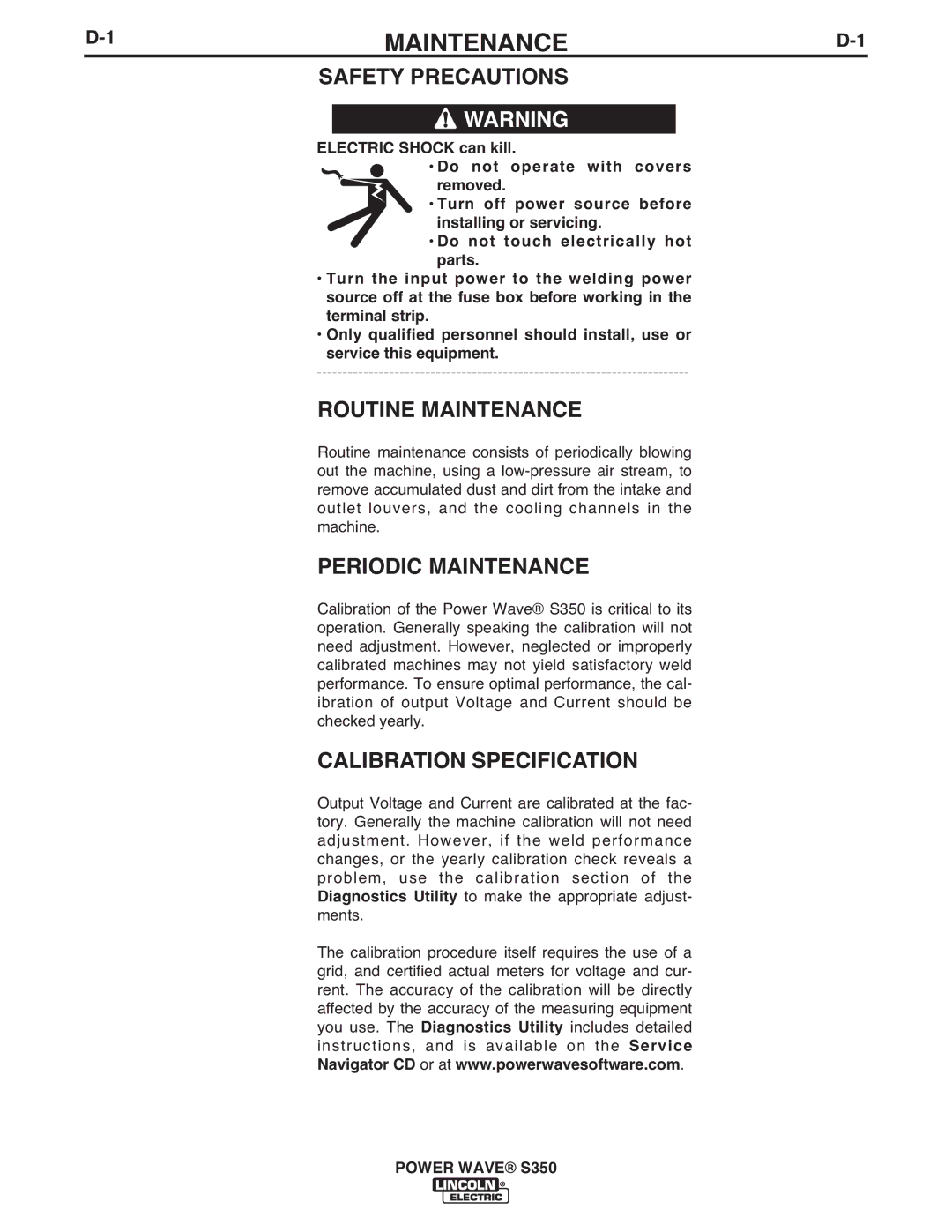 Lincoln Electric S350 manual Routine Maintenance, Periodic Maintenance, Calibration Specification 