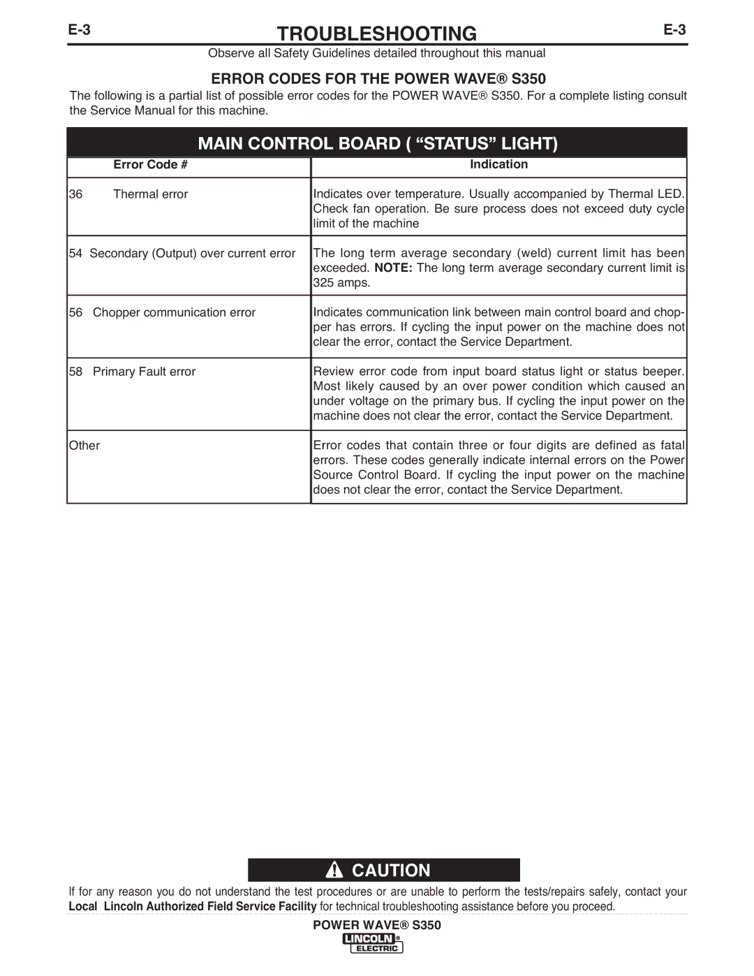 Lincoln Electric S350 manual Main Control Board Status Light, Error Code # Indication 