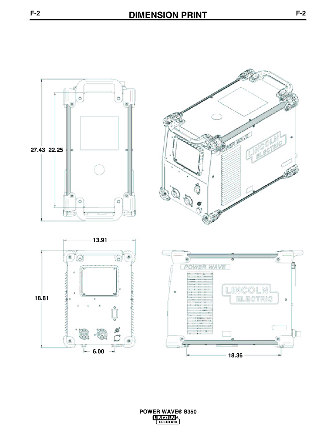 Lincoln Electric S350 manual Dimension Print, 27.43 13.91 18.81 18.36 