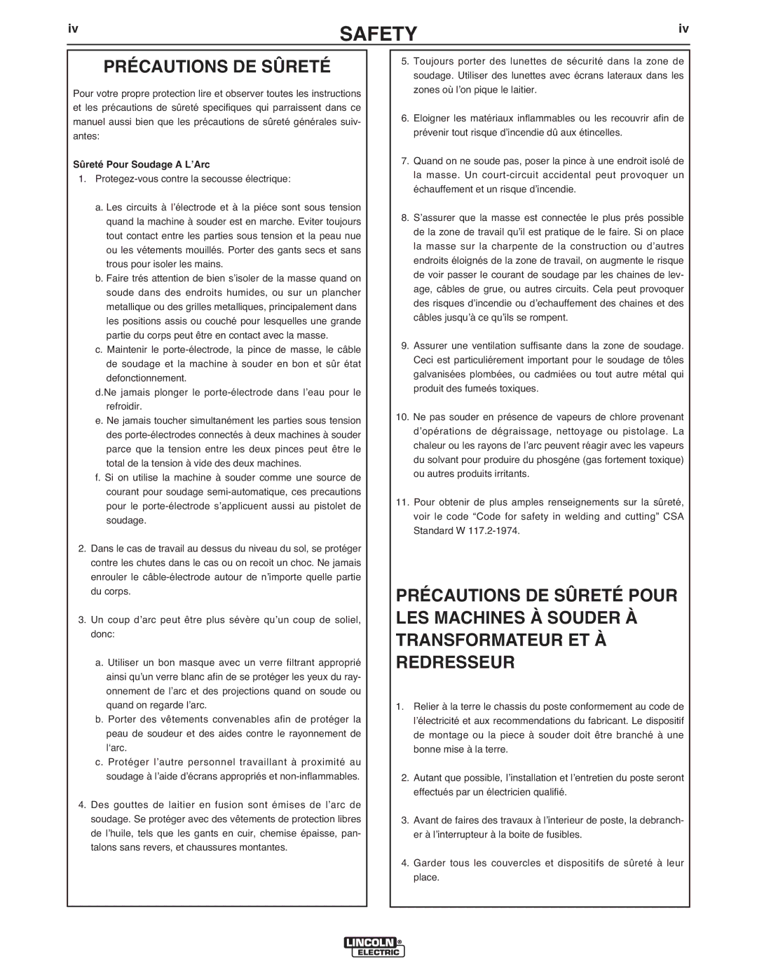 Lincoln Electric S350 manual Précautions DE Sûreté, Sûreté Pour Soudage a LʼArc 