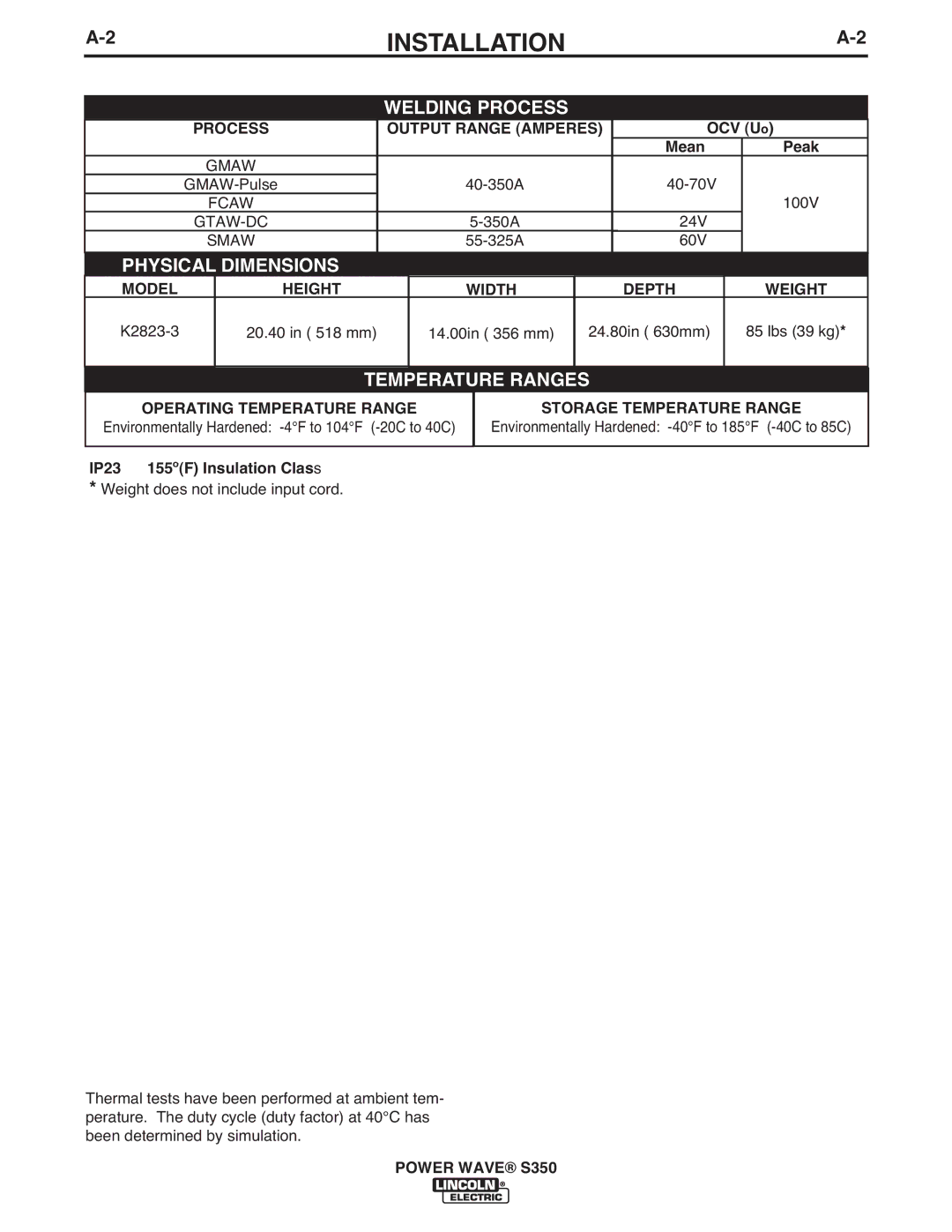 Lincoln Electric S350 manual Process Output Range Amperes, Model Height Width Depth Weight, Operating Temperature Range 