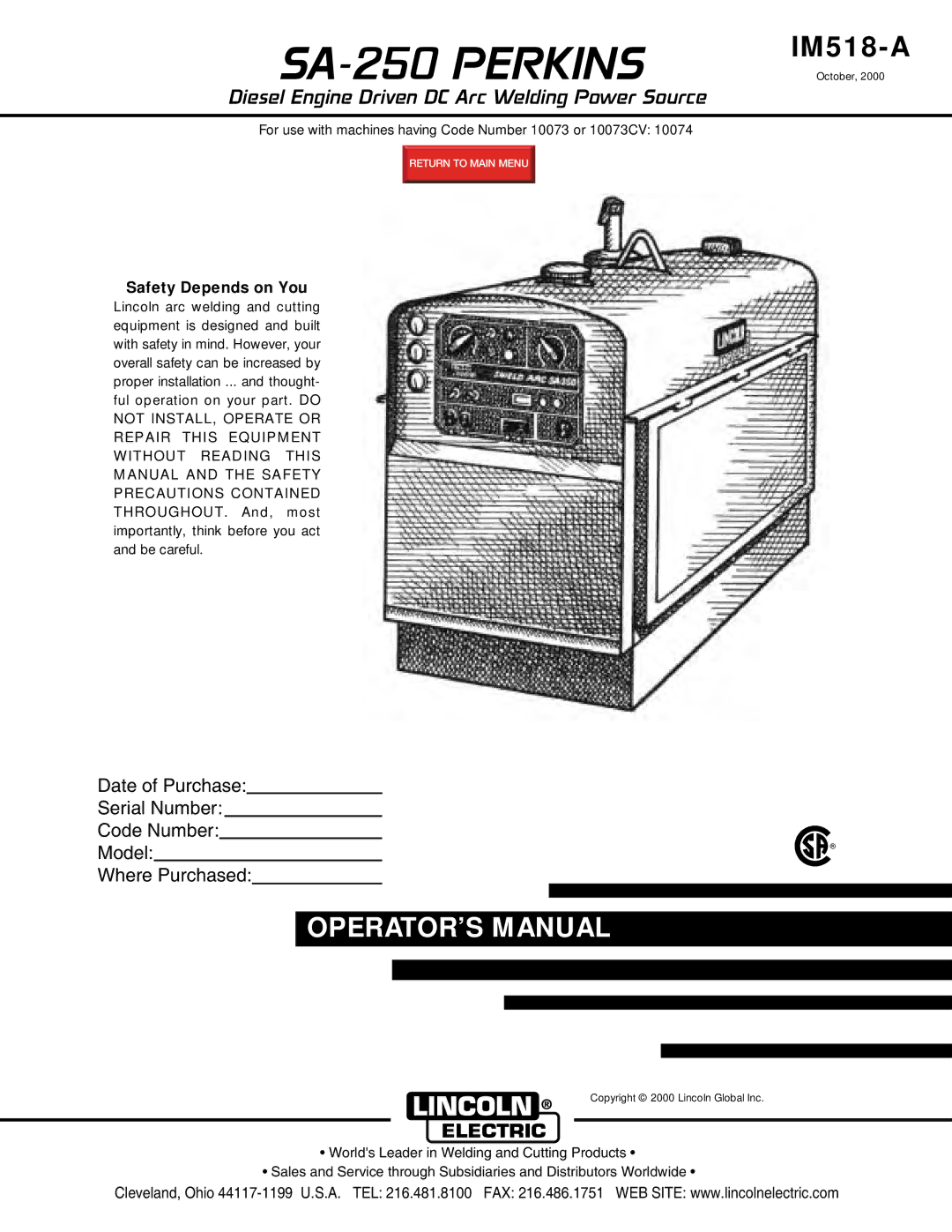 Lincoln Electric manual SA-250 Perkins 