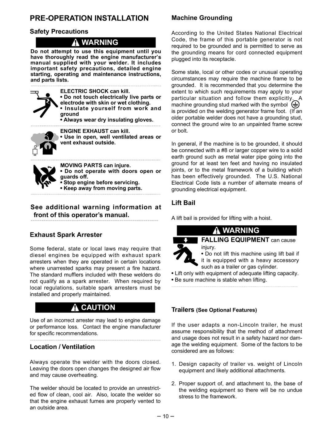 Lincoln Electric SA-250 manual PRE-OPERATION Installation 