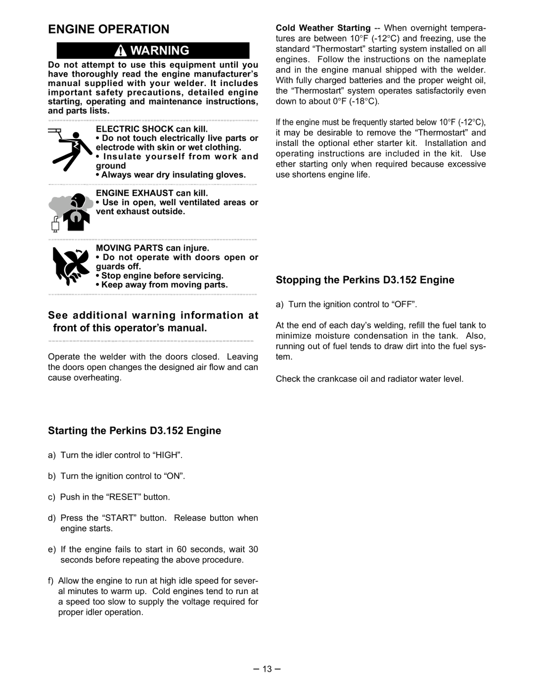 Lincoln Electric SA-250 manual Engine Operation, Starting the Perkins D3.152 Engine, Stopping the Perkins D3.152 Engine 