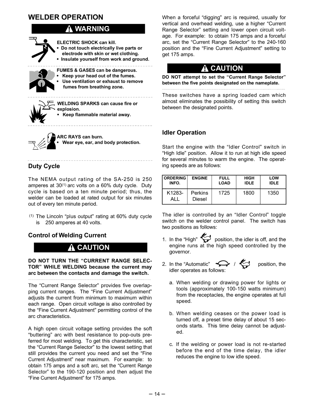 Lincoln Electric SA-250 manual Welder Operation, Duty Cycle, Control of Welding Current, Idler Operation 
