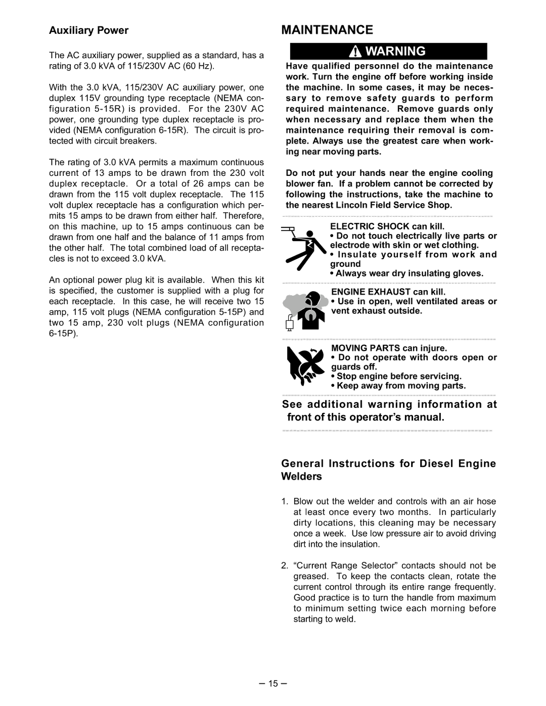 Lincoln Electric SA-250 manual Maintenance, Auxiliary Power 