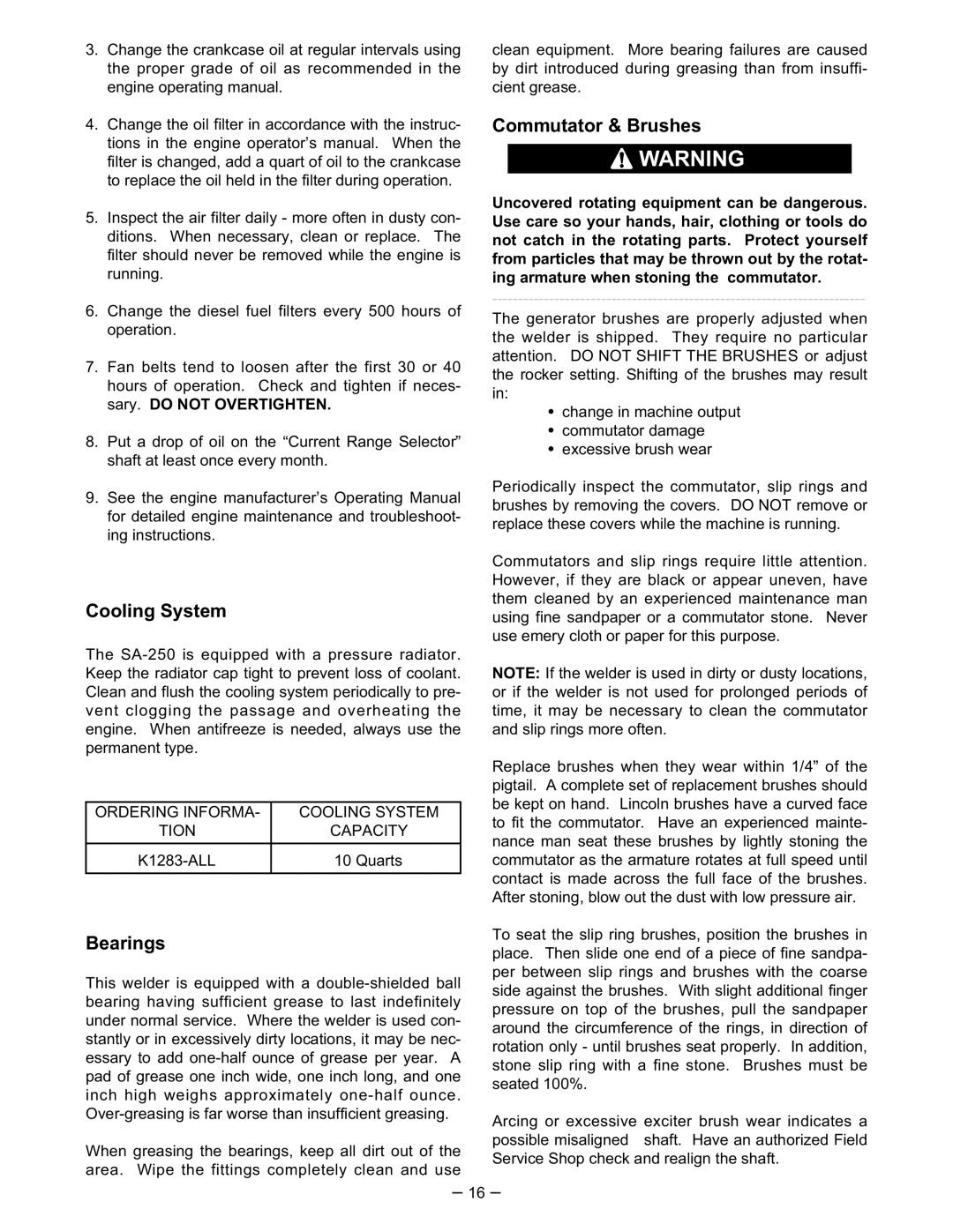 Lincoln Electric SA-250 manual Bearings, Commutator & Brushes 