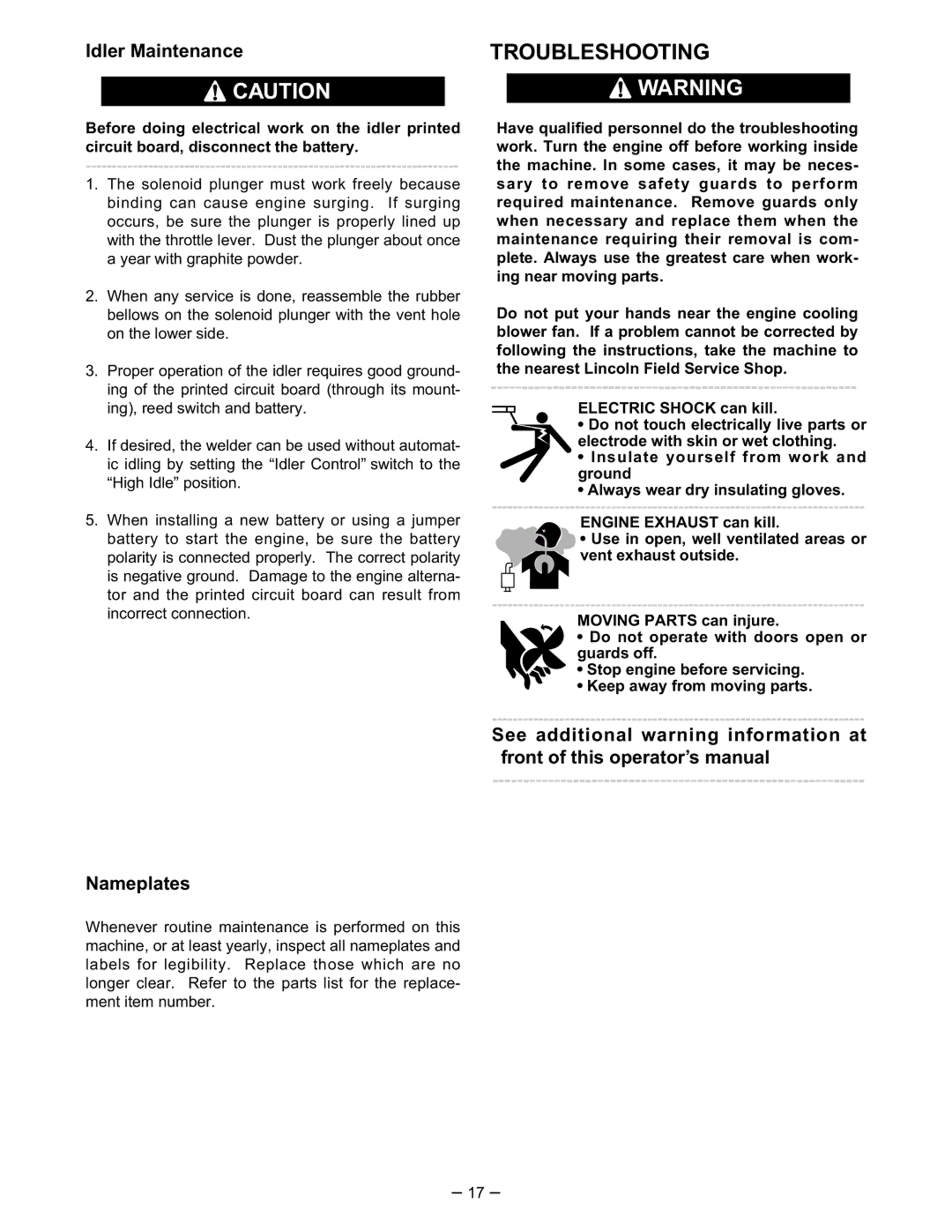 Lincoln Electric SA-250 manual Troubleshooting, Idler Maintenance, Nameplates 