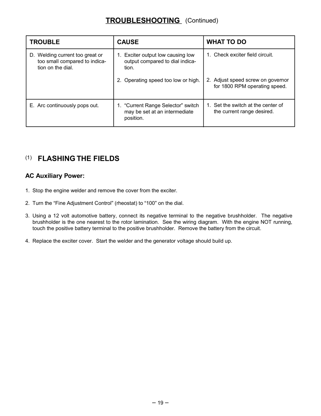 Lincoln Electric SA-250 manual Flashing the Fields, AC Auxiliary Power 