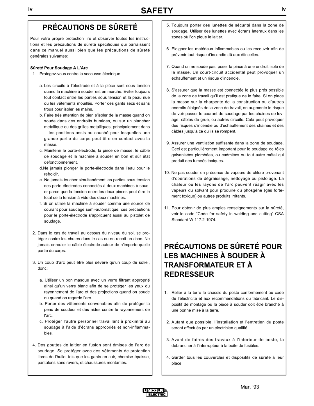 Lincoln Electric SA-250 manual Précautions DE Sûreté, Sûreté Pour Soudage a L’Arc 