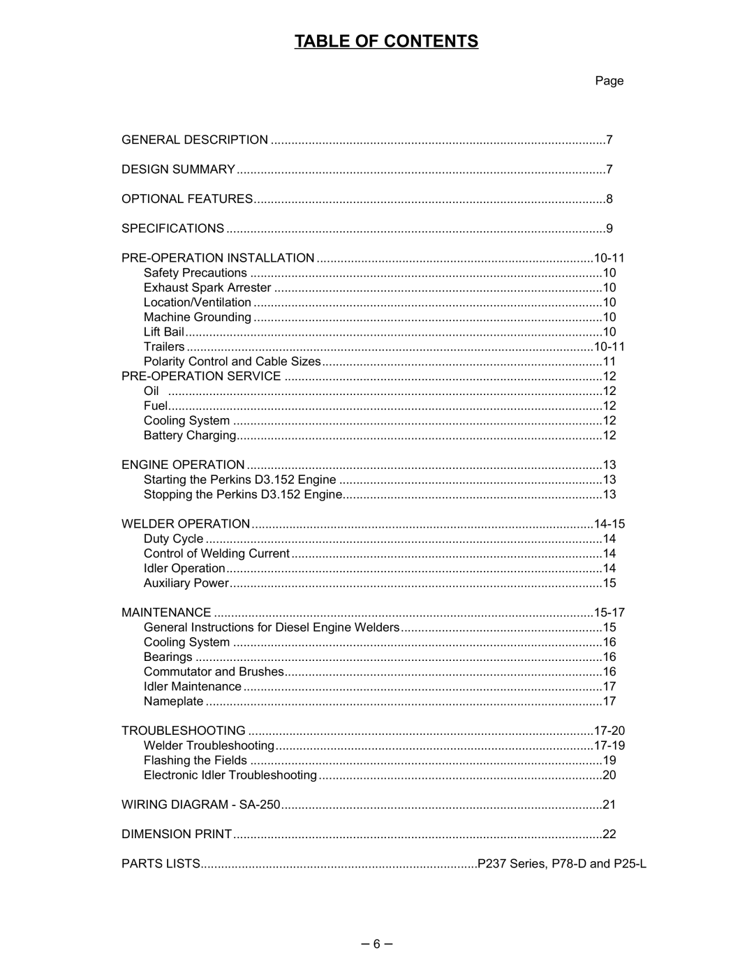 Lincoln Electric SA-250 manual Table of Contents 