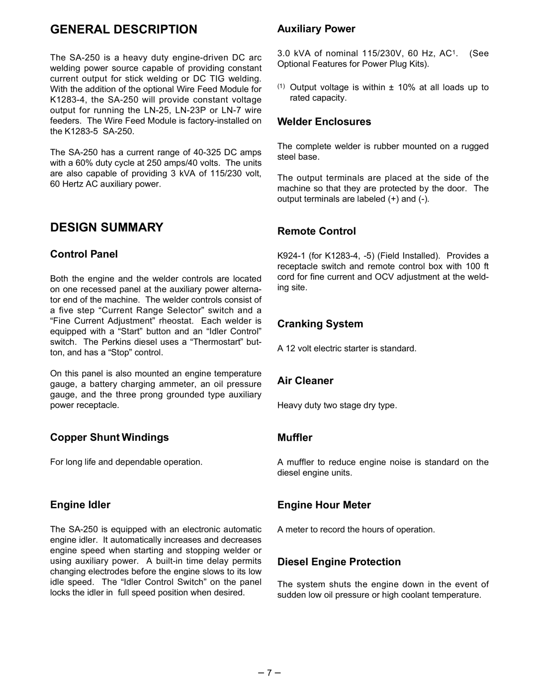 Lincoln Electric SA-250 manual General Description, Design Summary 