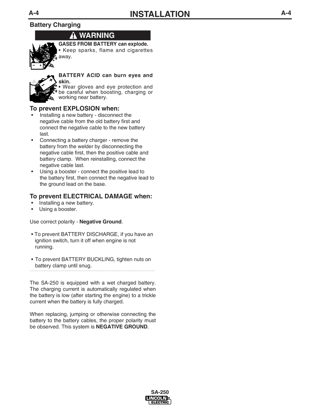 Lincoln Electric SA-250 4INSTALLATIONA-4, Battery Charging, To prevent Explosion when, To prevent Electrical Damage when 