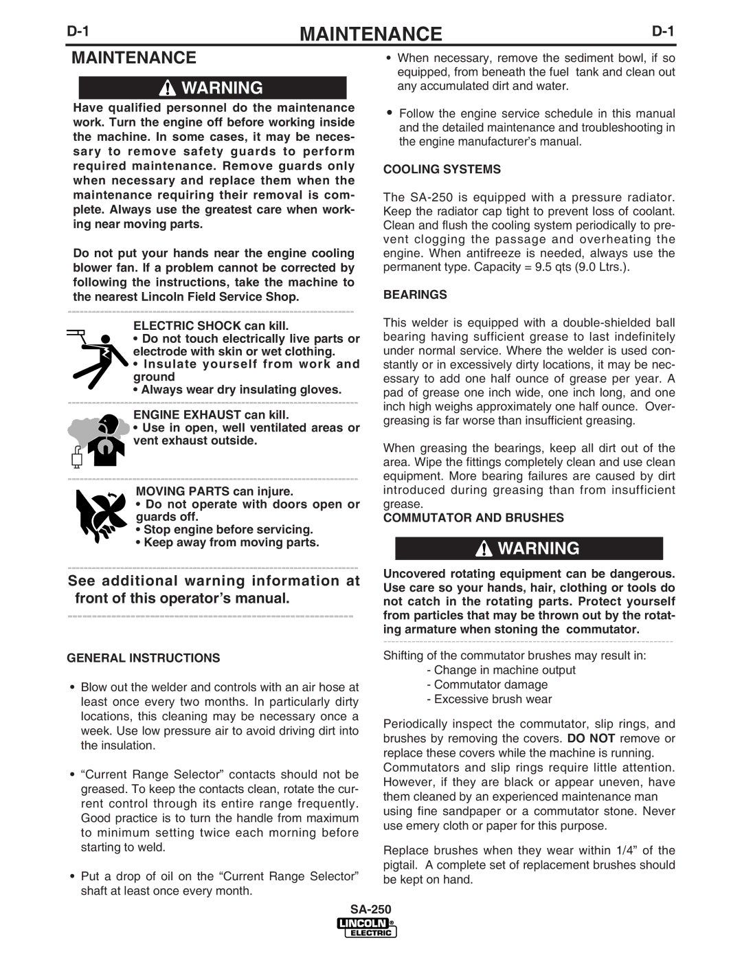 Lincoln Electric SA-250 manual Maintenance 