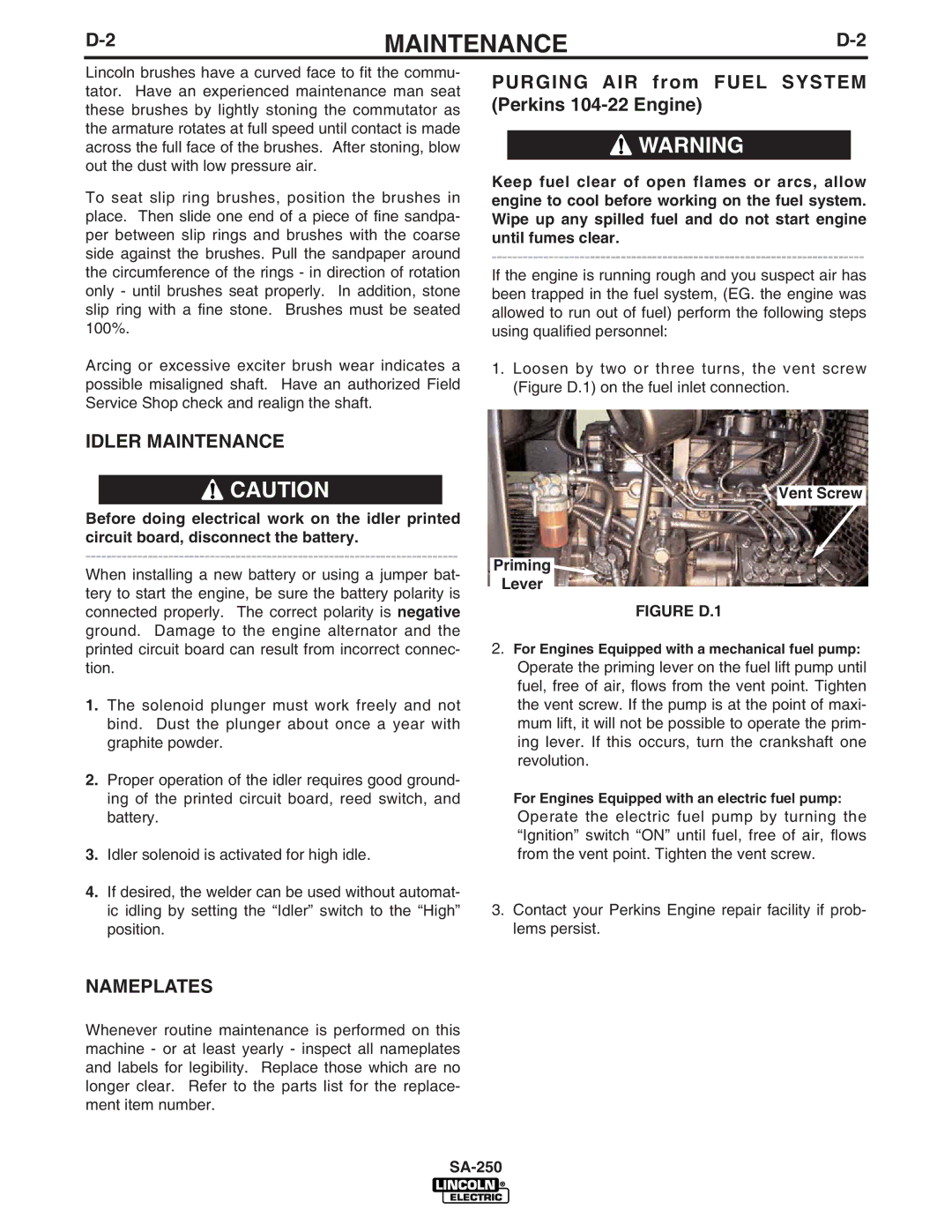 Lincoln Electric SA-250 manual Purging AIR from Fuel System Perkins 104-22 Engine, Idler Maintenance, Nameplates 