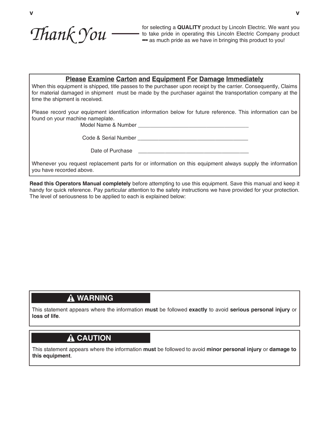 Lincoln Electric SA-250 manual Thank You, Please Examine Carton and Equipment For Damage Immediately 