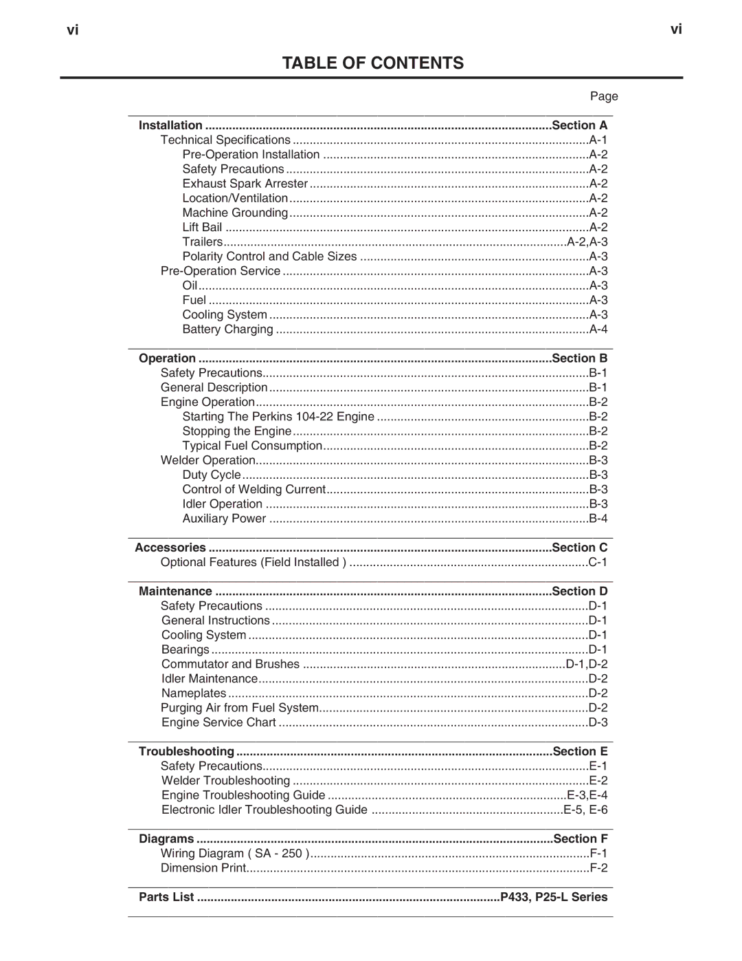 Lincoln Electric SA-250 manual Table of Contents 