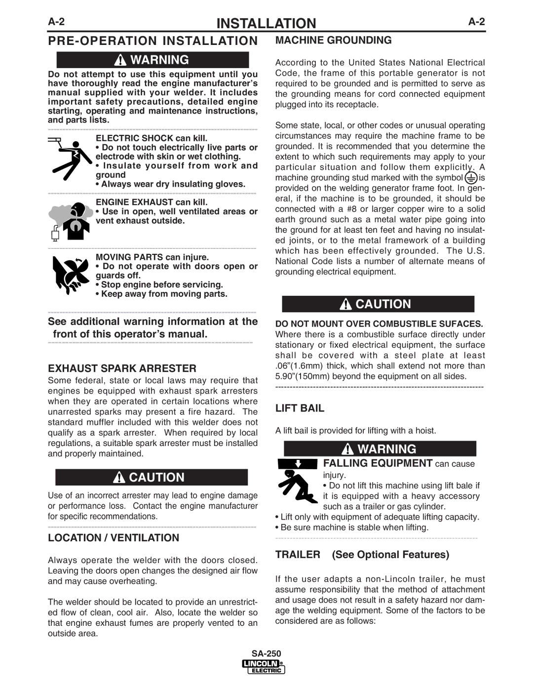 Lincoln Electric SA-250 PRE-OPERATION Installation, Exhaust Spark Arrester, Location / Ventilation, Machine Grounding 