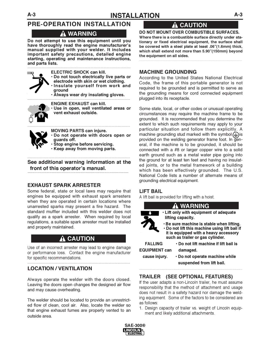 Lincoln Electric SAE-300 manual PRE-OPERATION Installation, Location / Ventilation, MAChINE GROuNDING, Lift bAIL 