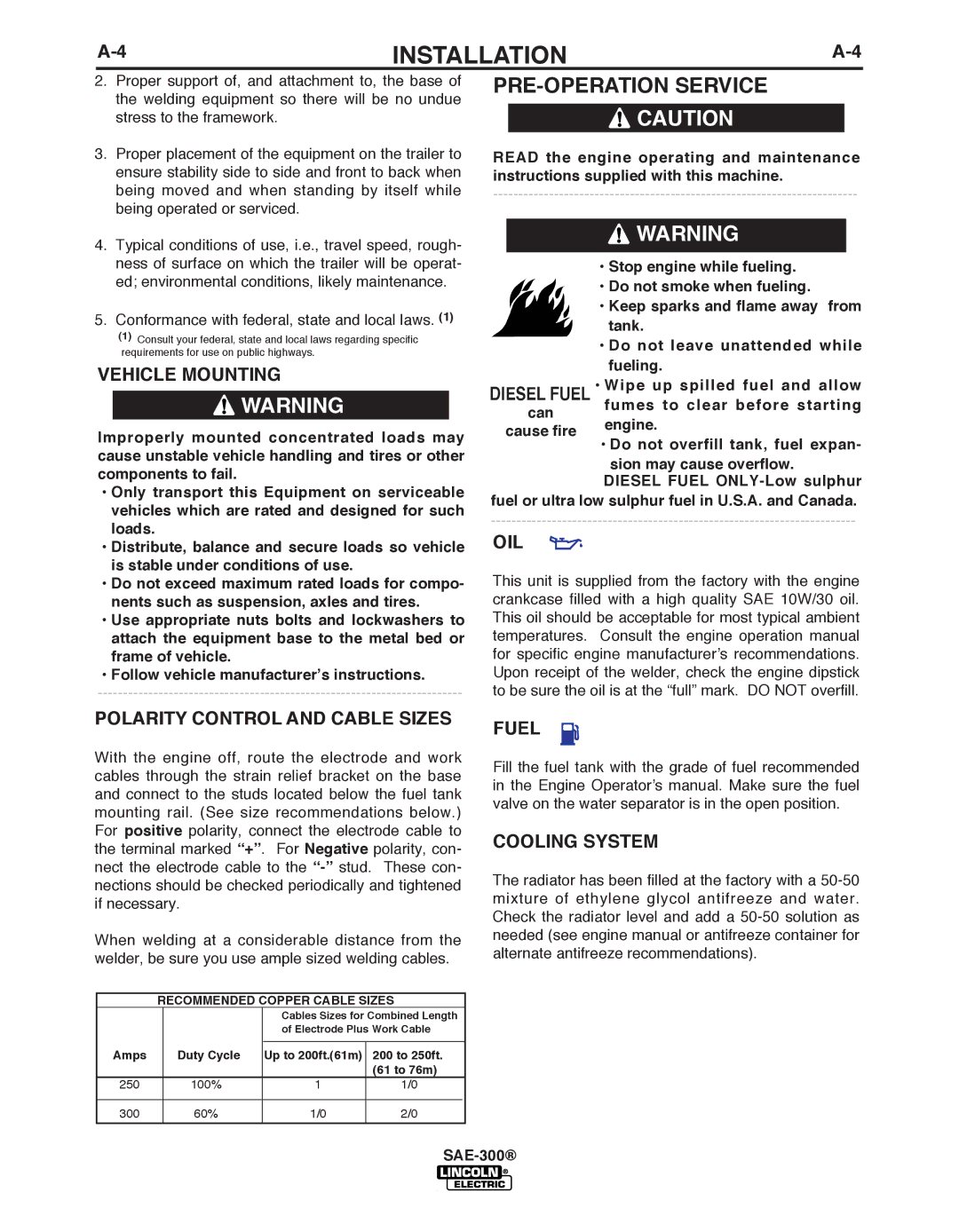 Lincoln Electric SAE-300 manual PRE-OPERATION Service, Oil, Cooling System 