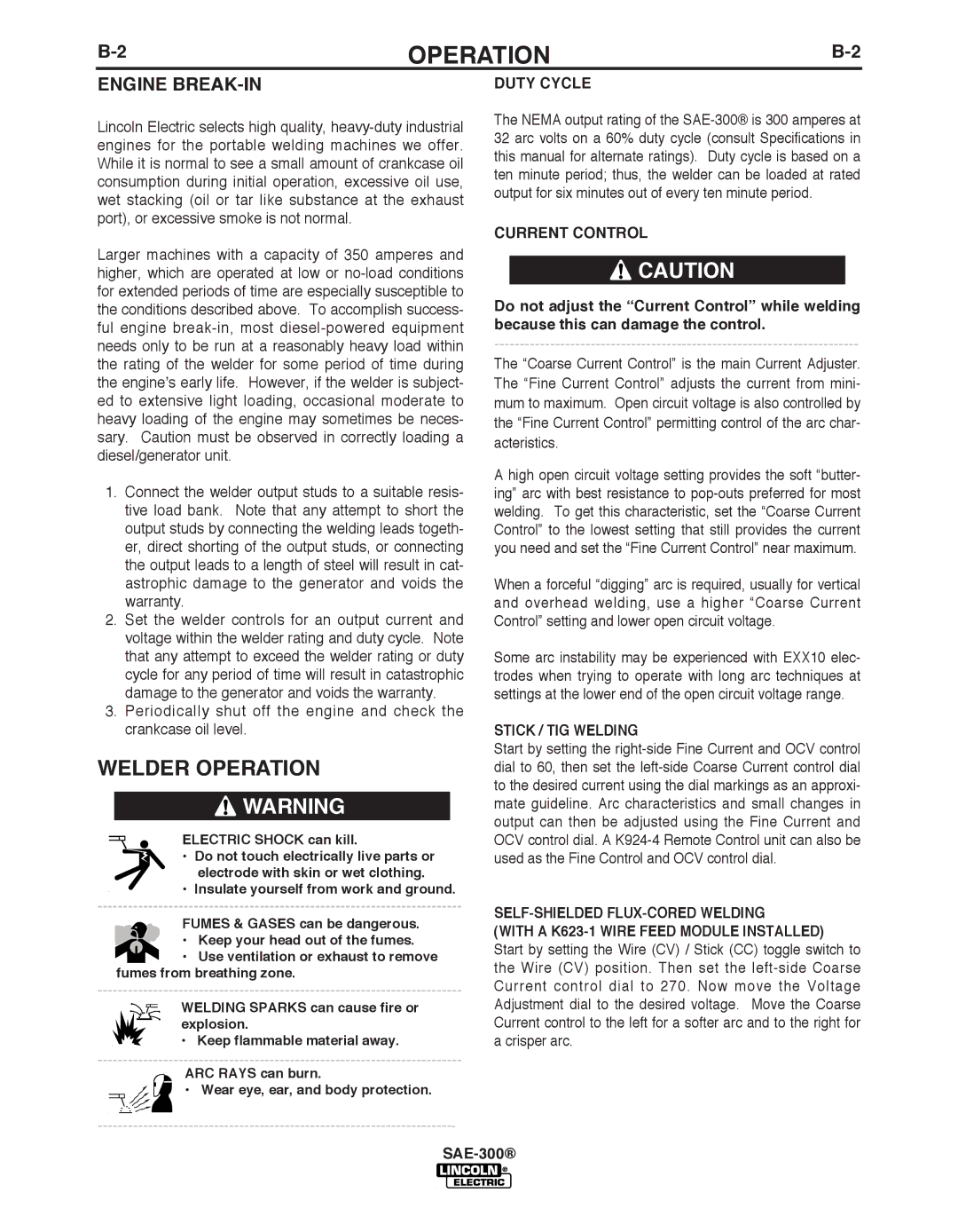 Lincoln Electric SAE-300 manual Welder Operation, Engine bREAK-IN, Stick / TIG Welding 