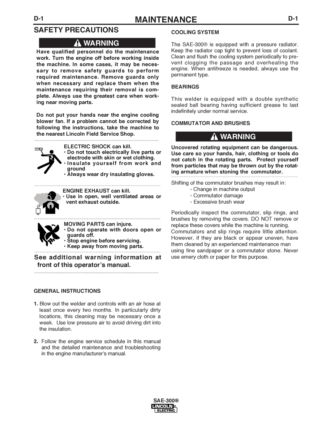 Lincoln Electric SAE-300 manual Maintenance, Safety PRECAuTIONS, General INSTRuCTIONS, Cooling System, Bearings 