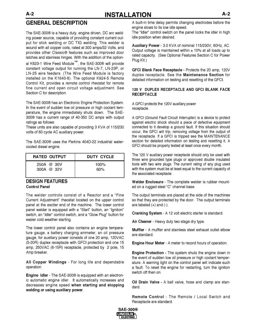 Lincoln Electric SAE-300 manual General Description, Design FEATuRES, Receptacle 