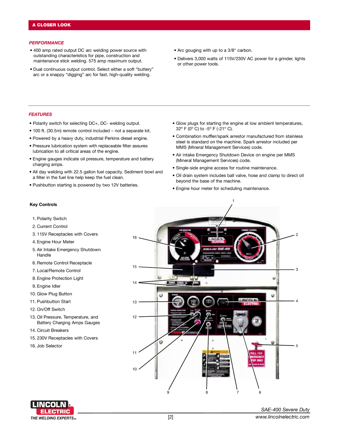 Lincoln Electric SAE-400 technical specifications Performance, Key Controls 