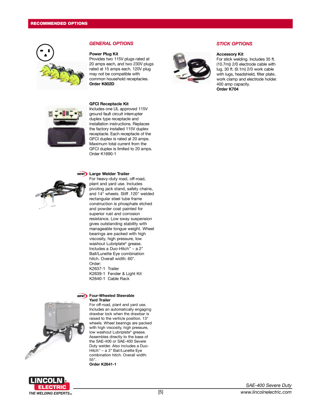 Lincoln Electric SAE-400 Power Plug Kit, Order K802D Gfci ReceptacleKit, Large Welder Trailer, AccessoryKit, Order K704 