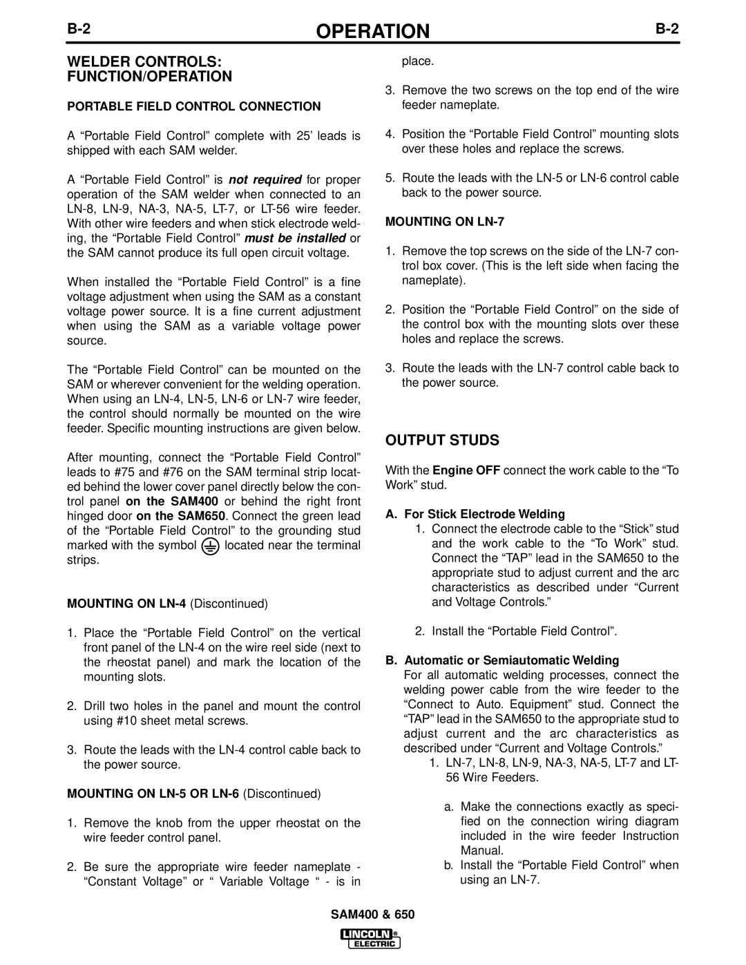 Lincoln Electric SAM650, SAM400 manual Welder Controls FUNCTION/OPERATION, Output Studs, Portable Field Control Connection 