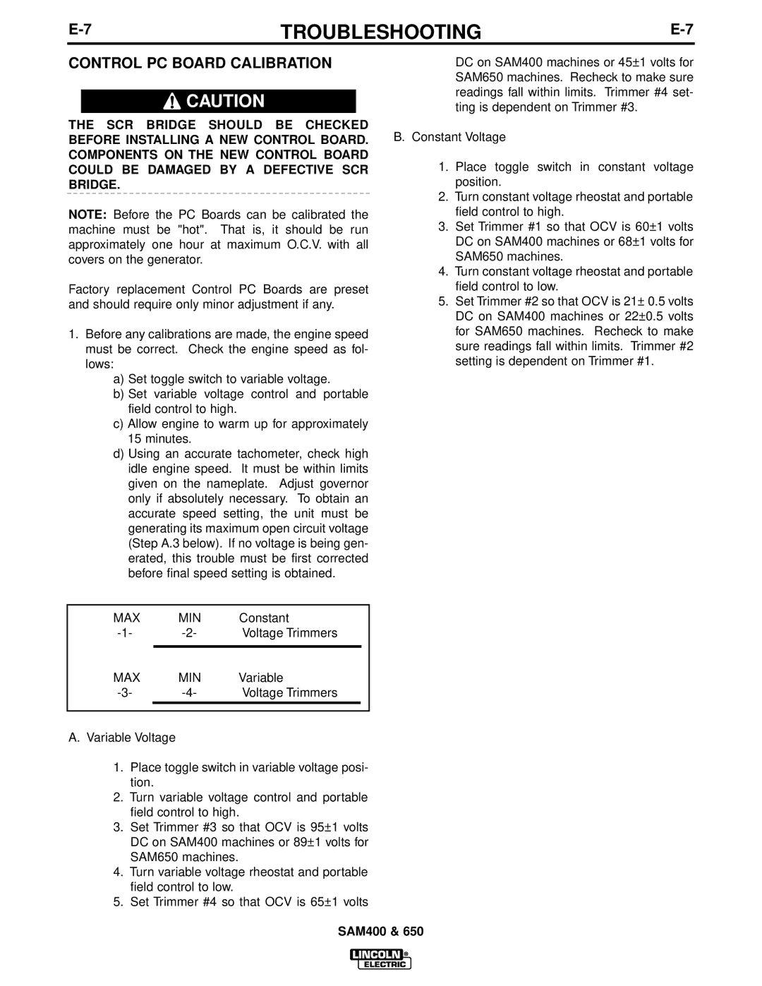 Lincoln Electric SAM400, SAM650 manual Control PC Board Calibration 