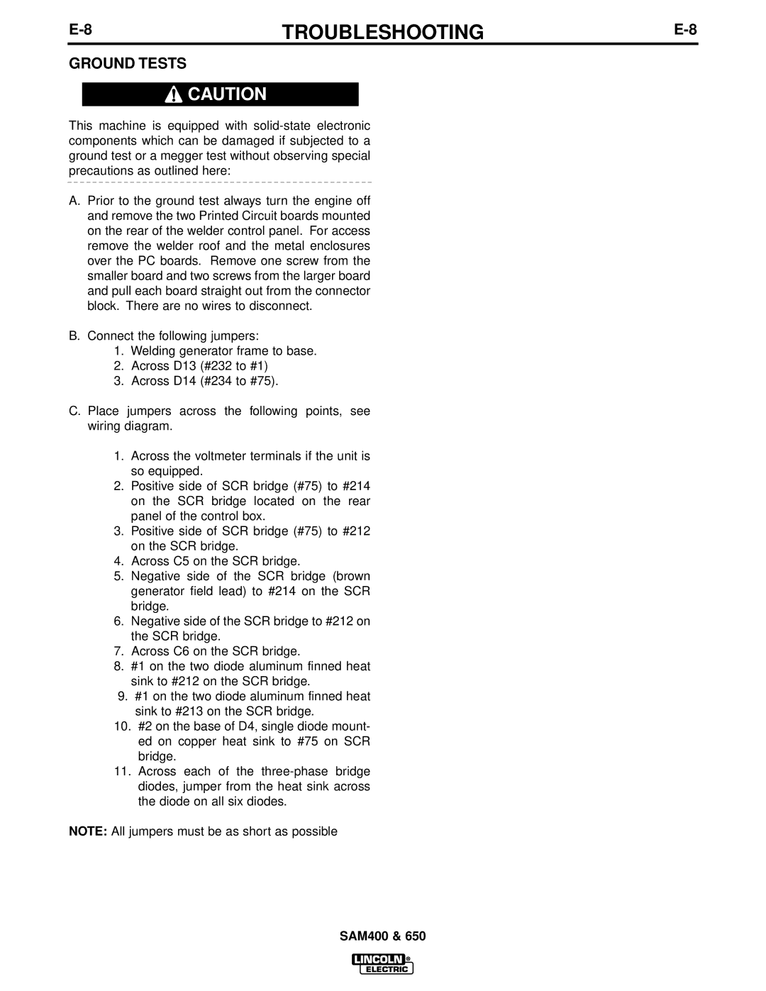 Lincoln Electric SAM650, SAM400 manual Ground Tests 