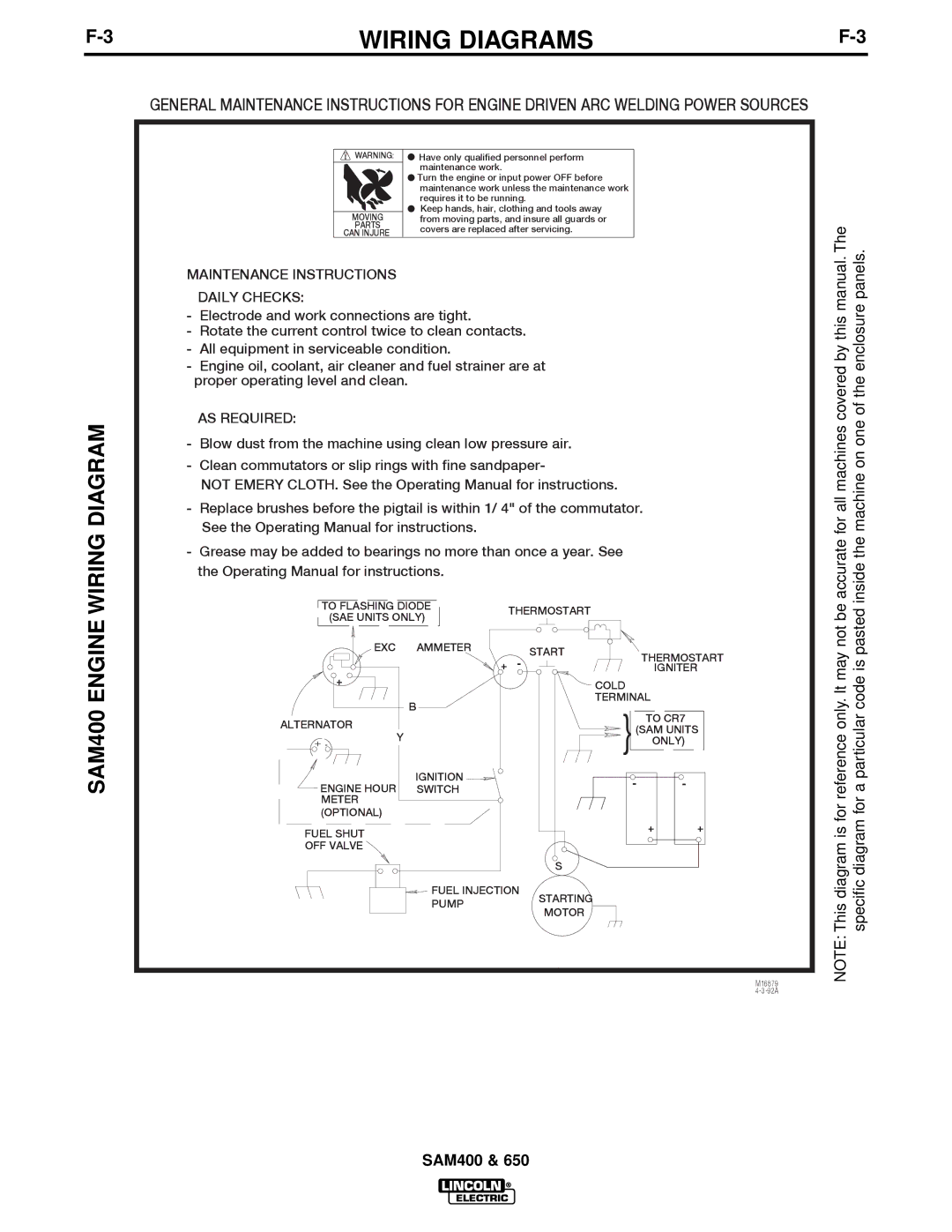 Lincoln Electric SAM650 manual SAM400 Engine Wiring Diagram, Maintenance Instructions Daily Checks 