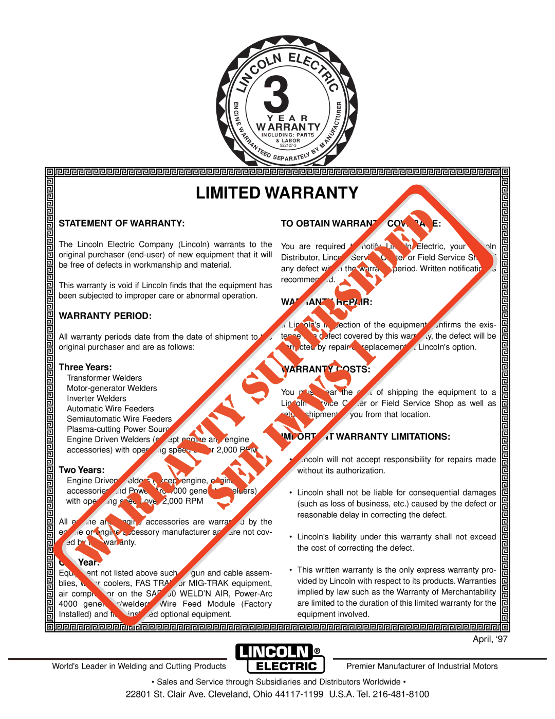 Lincoln Electric SAM400, SAM650 manual Statement of Warranty To Obtain Warranty Coverage, Warranty Period, Warranty Repair 